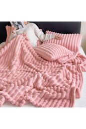 Living and Home Reversible Fluffy Striped Throw Blanket in Pink - Size: Extra Large