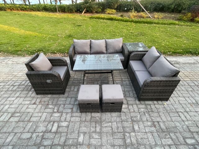 Fimous 8 Seater Outdoor Rattan Garden Furniture Set Patio Lounge Sofa Set with Dining Table Side Table 2 Small Footstools Dark Grey Mixed - image 1