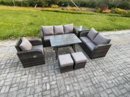 Fimous 8 Seater Outdoor Rattan Garden Furniture Set Patio Lounge Sofa Set with Dining Table Side Table 2 Small Footstools Dark Grey Mixed - thumbnail 2
