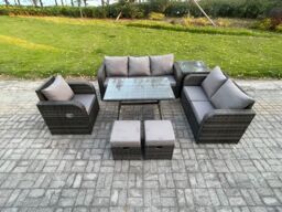 Fimous 8 Seater Outdoor Rattan Garden Furniture Set Patio Lounge Sofa Set with Dining Table Side Table 2 Small Footstools Dark Grey Mixed - thumbnail 1