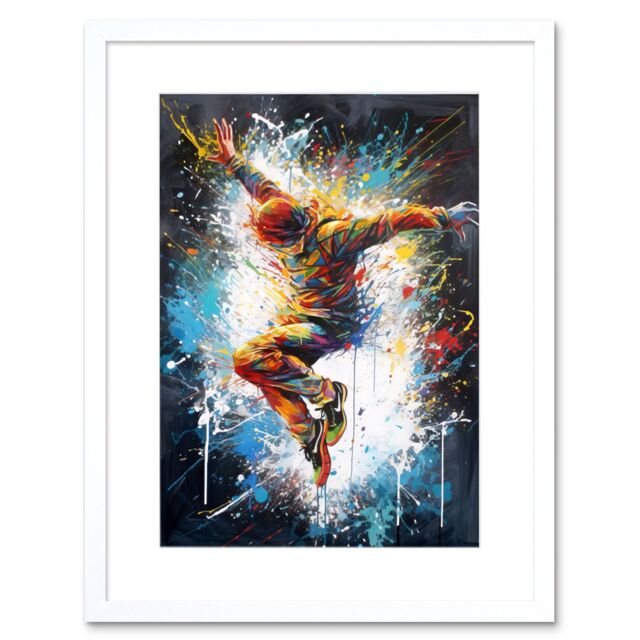 "Artery8 Wall Art Print Before the Land Parkour Jump Paint Splat Portrait Artwork Framed 9X7 Inch in White - Size: W7"" x H9""" - image 1
