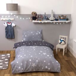 OHS Stars Duvet Cover with Pillowcase Bedding Set in Grey - Size: Cot Bed - thumbnail 3