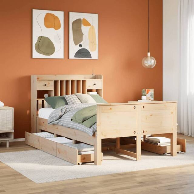 Berkfield Home Bookcase Bed without Mattress 135x190 cm Double Solid Wood Pine in Natural - image 1