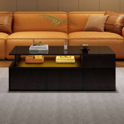 Merax High Gloss LED Coffee Table with 2 Drawers & Side Shelves in Black - thumbnail 4