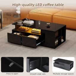 Merax High Gloss LED Coffee Table with 2 Drawers & Side Shelves in Black - thumbnail 5