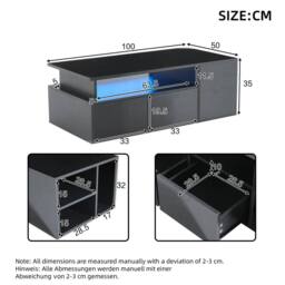 Merax High Gloss LED Coffee Table with 2 Drawers & Side Shelves in Black - thumbnail 2