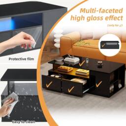 Merax High Gloss LED Coffee Table with 2 Drawers & Side Shelves in Black - thumbnail 6