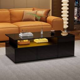 Merax High Gloss LED Coffee Table with 2 Drawers & Side Shelves in Black - thumbnail 3