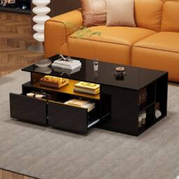 Merax High Gloss LED Coffee Table with 2 Drawers & Side Shelves in Black - thumbnail 1