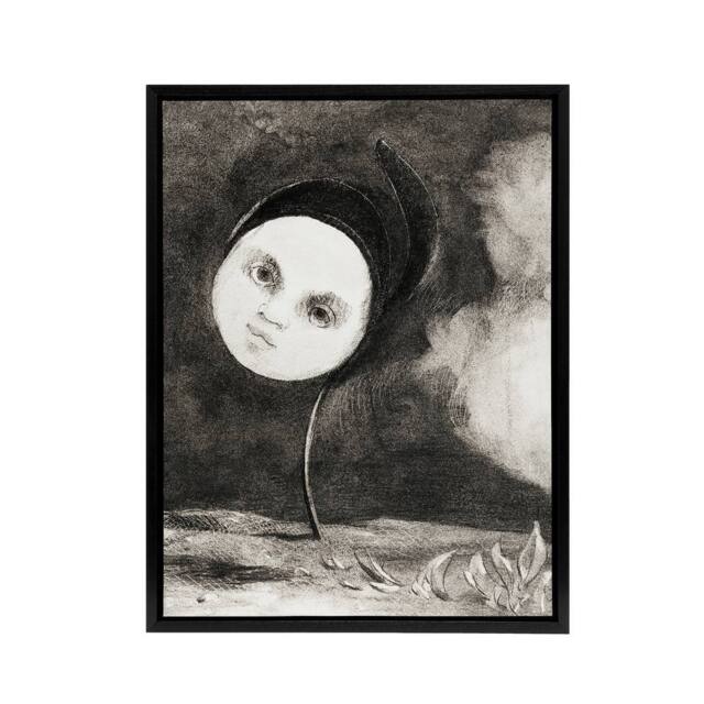 "Artery8 Strange Flower with a Face Redon Vintage Black Framed Canvas Wall Art in Grey - Size: W12"" x H16""" - image 1