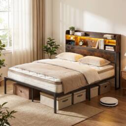Costway King Size Bed Frame w/LED Lights&Charging Station Metal Platform Bed in Brown - thumbnail 1