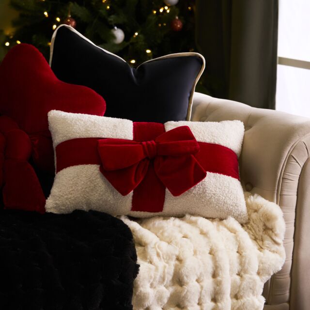 OHS Bow Wrapped Boucle Throw Pillow Scatter Cushion in Red - image 1