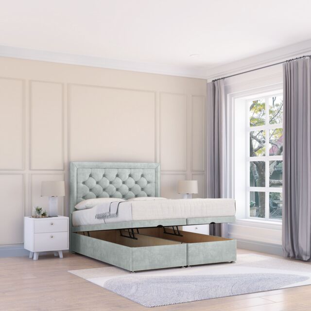 Sloomy Montana Naples Fabric Ottoman Bed End Opening With Sprung Memory Mattress & 26 Inch strut Headboard in Silver - Size: King - image 1