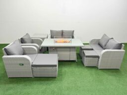 Fimous 9 Seater Outdoor Reclining Chair Love Sofa Set Rattan Garden Furniture Set with Firepit Dining Table 3 Stools Side Table Light Grey - thumbnail 1