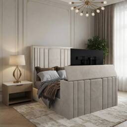 KDMD Yedingham Upholstered Soft Velvet Pebble Tv Bespoke Bed Frame in Light Sand - Size: King - thumbnail 1