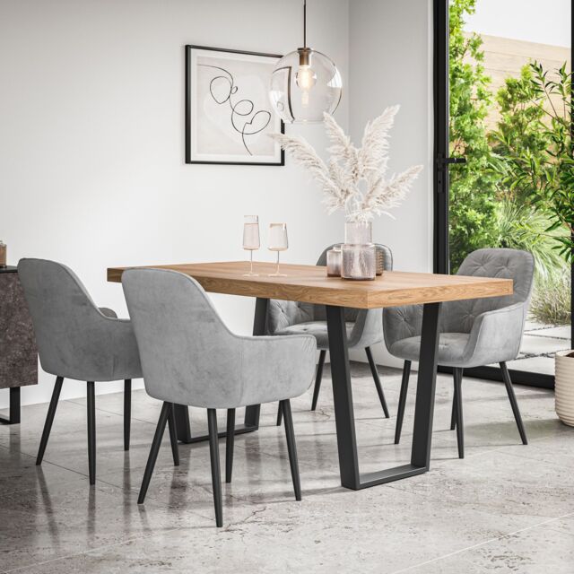 More4Homes Aria Dining Table & Chairs - Oak Effect Table Top w Black Legs + Anika Velvet Dining Chair Set Of 6 in Grey - image 1
