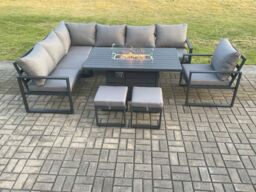 Fimous Aluminium Patio Outdoor Garden Furniture Corner Sofa Set Gas Fire Pit Dining Table with Chair Small Footstools Dark Grey - thumbnail 2