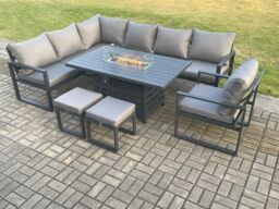 Fimous Aluminium Patio Outdoor Garden Furniture Corner Sofa Set Gas Fire Pit Dining Table with Chair Small Footstools Dark Grey - thumbnail 1