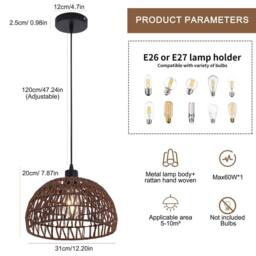NIVOR Farmhouse Rattan Single Pendant Light Boho Rustic Cage Hanging E27 in Brown - thumbnail 2