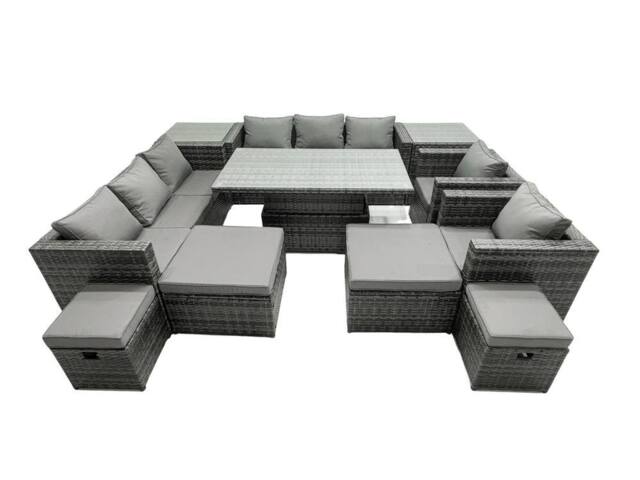 Fimous Rattan Dining Table Sofa Set with 2 Side Tables 4 Stools 12 Seat in Dark Grey - image 1