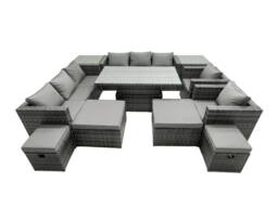 Fimous Rattan Dining Table Sofa Set with 2 Side Tables 4 Stools 12 Seat in Dark Grey - thumbnail 2