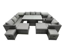 Fimous Rattan Dining Table Sofa Set with 2 Side Tables 4 Stools 12 Seat in Dark Grey - thumbnail 1