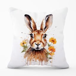 Warren Reed - Designer Watercolour Hare & Daisies Outdoor Cushion in Orange - Size: 60 cm x 60 cm - thumbnail 1