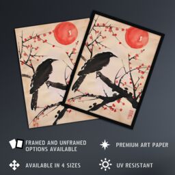 "Artery8 Raven on Berry Tree Winter Sun Japanese Painting Framed Wall Art in Beige - Size: W12"" x H16""" - thumbnail 2