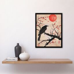 "Artery8 Raven on Berry Tree Winter Sun Japanese Painting Framed Wall Art in Beige - Size: W12"" x H16""" - thumbnail 4