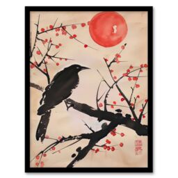 "Artery8 Raven on Berry Tree Winter Sun Japanese Painting Framed Wall Art in Beige - Size: W12"" x H16""" - thumbnail 1