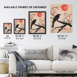 "Artery8 Raven on Berry Tree Winter Sun Japanese Painting Framed Wall Art in Beige - Size: W12"" x H16""" - thumbnail 3