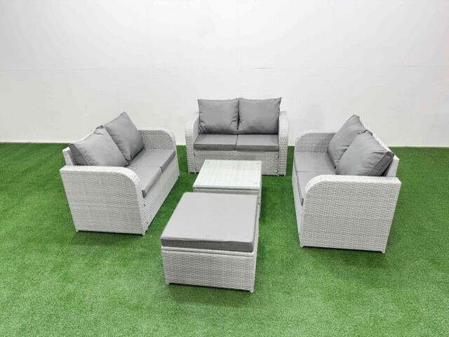 Fimous 7 Seater PE Wicker Rattan Furniture Sofa Sets with Square Coffee Table 2 Seater Love Sofa Big Footstool Light Grey - image 1