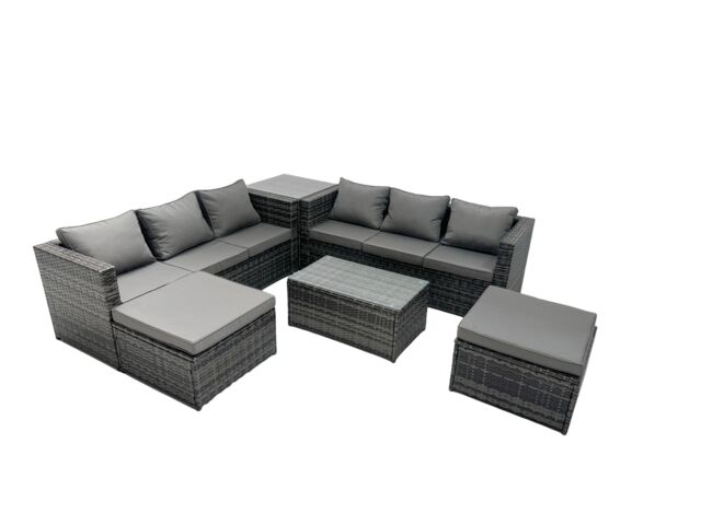 Fimous 8-seater Patio Coffee Table Sofa Set with Side Table 2 Big Footstools in Dark Grey - image 1