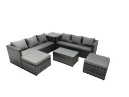 Fimous 8-seater Patio Coffee Table Sofa Set with Side Table 2 Big Footstools in Dark Grey - thumbnail 1