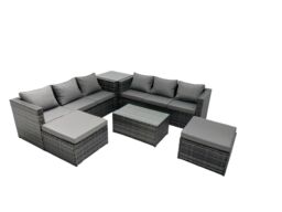 Fimous 8-seater Patio Coffee Table Sofa Set with Side Table 2 Big Footstools in Dark Grey - thumbnail 2