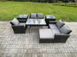 Fimous Wicker PE Rattan Garden Dining Set Outdoor Furniture Sofa with Rectangular Dining Table Love Seat Sofa 2 Side Tables Big Footstool in Dark Grey - thumbnail 1