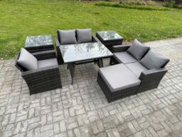 Fimous Wicker PE Rattan Garden Dining Set Outdoor Furniture Sofa with Rectangular Dining Table Love Seat Sofa 2 Side Tables Big Footstool in Dark Grey - thumbnail 2