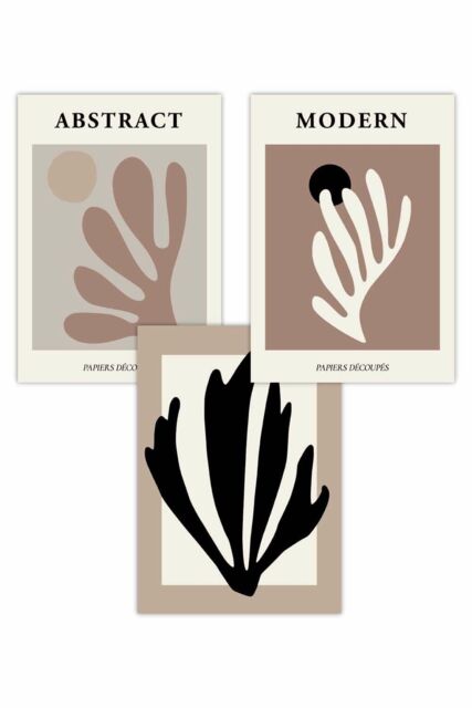 ARTZE Set of 3 Matisse Style Floral Cut Out Browns & Black Art Posters in Chocolate - Size: W50 cm x H70 cm - image 1