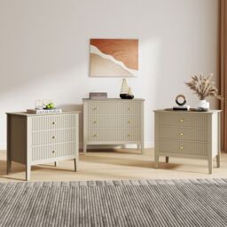 Melody Maison Wide 3 Drawer Chest Of Drawers & Pair Of Large Bedside Tables - Hales Taupe Range in Beige - thumbnail 2