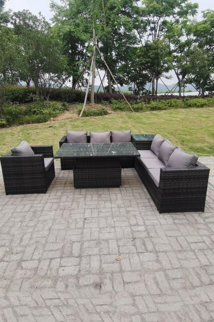Fimous 7 Seater Rattan Corner Sofa Set Garden Furniture Rising Adjustable Dining Table Set Arm Chair in Dark Grey - image 1