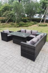Fimous 7 Seater Rattan Corner Sofa Set Garden Furniture Rising Adjustable Dining Table Set Arm Chair in Dark Grey - thumbnail 2