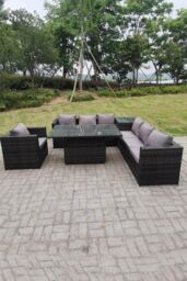 Fimous 7 Seater Rattan Corner Sofa Set Garden Furniture Rising Adjustable Dining Table Set Arm Chair in Dark Grey - thumbnail 1