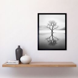 "Artery8 Wall Art Print Lone Tree by Frozen Lake Winter Landscape Black & White Photograph Art Framed - Size: W12"" x H16""" - thumbnail 2