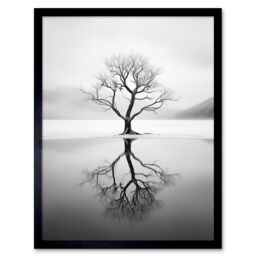 "Artery8 Wall Art Print Lone Tree by Frozen Lake Winter Landscape Black & White Photograph Art Framed - Size: W12"" x H16""" - thumbnail 1