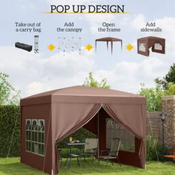 OUTSUNNY 3mx3m Pop Up Gazebo Party Tent Canopy Marquee with Storage Bag in Brown - thumbnail 4