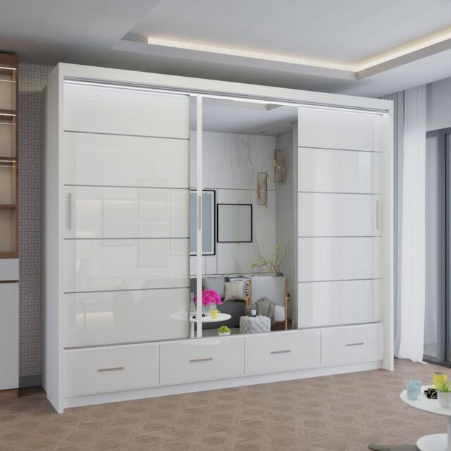 Sliding Wardrobes 4U Modern High Gloss Sliding Wardrobe with LED Light 255cm x 220cm in White - Size: 255 cm x 220 cm - image 1