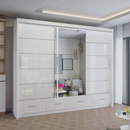 Sliding Wardrobes 4U Modern High Gloss Sliding Wardrobe with LED Light 255cm x 220cm in White - Size: 255 cm x 220 cm - thumbnail 1