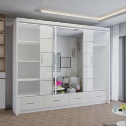 Sliding Wardrobes 4U Modern High Gloss Sliding Wardrobe with LED Light 255cm x 220cm in White - Size: 255 cm x 220 cm - thumbnail 3