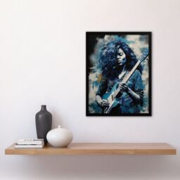 Artery8 Wall Art Print Woman Playing The Electric Guitar Acrylic Painting Female Blues Musician Splat Paint Portrait Music Art Framed - Size: A4 - thumbnail 4