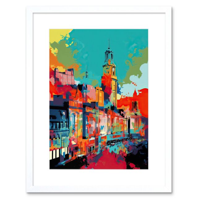 "Artery8 Wall Art Print Nottingham City England Cityscape Vibrant Abstract Artwork Framed 9X7 Inch in White - Size: W7"" x H9""" - image 1